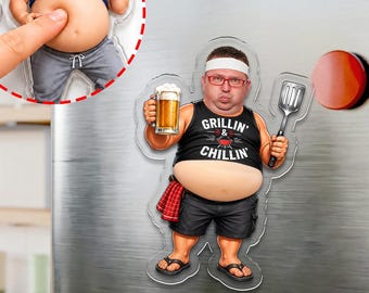 Squishy Belly BBQ Dad Magnet Personalized Fridge Magnet, Funny Grillin and Chillin Gift for Men, Custom Backyard BBQ Decor Acrylic Fridge