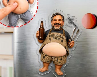 Squishy Belly BBQ Magnet Personalized Name Fridge Magnet, Funny Grilling Gift for Men, Custom Backyard Cookout Decor Magnet Acrylic Fridge