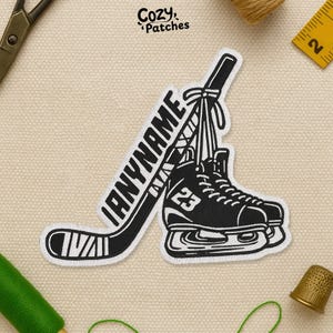 Custom Hockey Player Patch, Personalized Hockey Number Name, Hockey Stick and Skates Embroidery Patch Applique for Clothes Hat Backpack