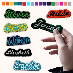 May include: Six embroidered iron-on name patches in various colors. The names are: "Steven", "Hilde", "Grace", "Jacob", "Addison", "Liesbeth", and "Brandon".