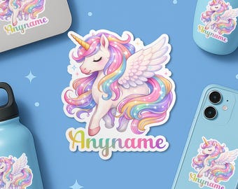 Pegatina de unicornio personalizada con nombre, pegatina de caballo de fantasía mágico y colorido para niños, pegatina de vinilo para portátil, regalo para botella de agua.