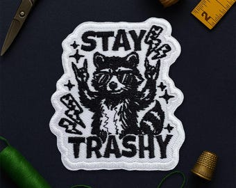 Stay Trashy Raccoon Patch, Sarcastic Animal Meme Funny Trash Panda Humor Patches Applique for Clothes Hats Backpack Clothing Shirt Bag Jean