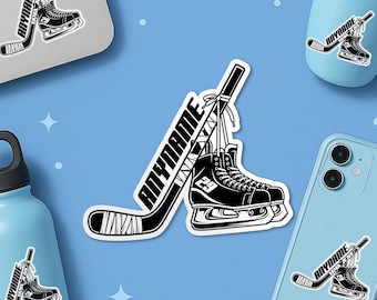 Custom Hockey Player Sticker, Personalized Hockey Number Name, Hockey Stick and Skates Sticker for Laptop Water Bottle Gift For Him Her
