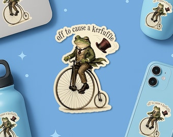 Off To Cause A Kerfuffle Frog Sticker, Funny Vintage Frog Decal, Whimsical Victorian Bicycle, Sarcastic Cottagecore Sticker for Water Bottle