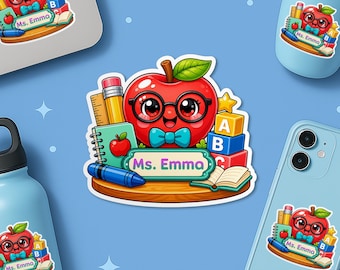 Pegatina personalizada con el nombre del profesor, pegatina de vinilo personalizada con diseño de manzana para material escolar, pegatina impermeable para botellas de agua con el lema "Vuelta al cole para profesores".
