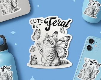 Cute But Feral Sticker, Cat With Butterfly Wings, Cats Lovers Waterproof Vinyl Stickers Die-cut Laptop Gifts
