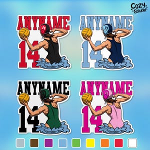 May include: Four sticker designs featuring a water polo player with a ball in hand, wearing a swimsuit and a cap. The player is in the water and the sticker has the text "ANYNAME" and the number "14". The stickers are in four different color combinations: red, blue, green, and pink.