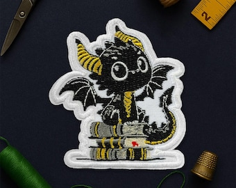 Book Dragon Patch, Little Black Cute Dragon Reading Lover Patches Applique for Clothes Hat Backpack Shirt Bag Jean for Her Him Adult Mom Dad