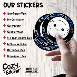 May include: Two black and blue round stickers with white text that reads "If Moopsy Not Friend Why Friend Sha?" and a white cartoon of a round creature with a smiling face. The stickers are being held by a hand.