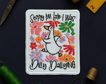 Sorry I'm Late I Was Dilly Dallying Patch, Retro Boho Floral Duck Mama Snarky Saying Patches Applique for Clothes Hats Backpack Clothing