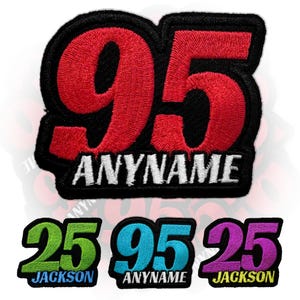 May include: Red and white embroidered iron-on patch with the number 95 and the text "ANYNAME".