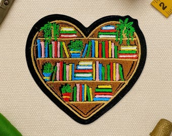 Heart Shaped Bookshelf Patch, Bookish Plant Lover Bookish Reader Embroidered Patch Applique for Clothes Hat Backpack, Gift Jacket Bag Jean