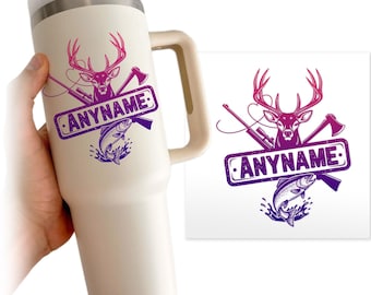 Custom Hunting Name Transparent Sticker, Personalized Hunter Deer Fish Nature Lover Sticker for Laptop Water Bottle Helmet Notebook Phone