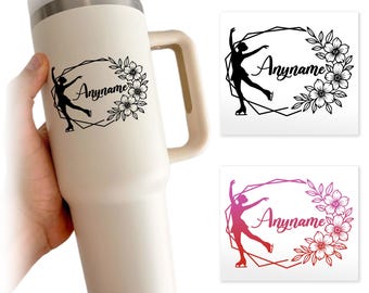 Pegatina transparente con nombre de patinaje sobre hielo personalizado, pegatina floral personalizada para portátil, botella de agua, casco, portátil y teléfono.