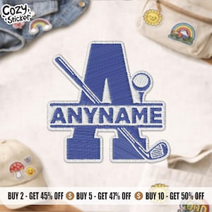 May include: A blue and white embroidered patch featuring a large letter A with a baseball bat, a golf ball on a tee, and a golf club. The word ANYNAME is stitched in white across the center of the letter A, which has a thick white border.
