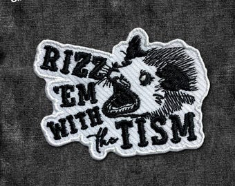 Rizz Em With The Tism Patch Opossum Meme Embroidered Patches Funny Possum Opossum  Patches Applique for Clothes Hats Backpacks Jackets Gifts