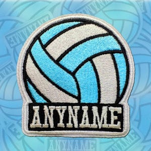 May include: White and light blue embroidered volleyball patch with the text "ANYNAME" in black and white.