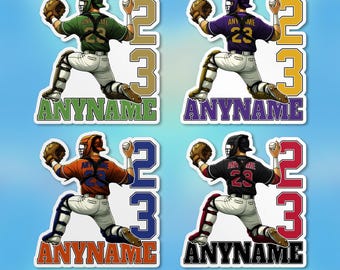 May include: Four baseball catcher stickers with different color schemes. Each sticker features a cartoon catcher in a catching pose with a baseball glove and a baseball. The catcher is wearing a jersey with the number 23 and the text "ANYNAME". The stickers are in green, purple, orange, and black.