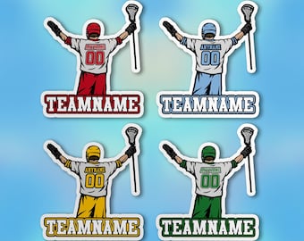 May include: Four lacrosse player stickers with different colored uniforms. The stickers are on a blue background with a white border. The stickers feature a lacrosse player holding a lacrosse stick in the air with the text "TEAMNAME" below the player. The player's jersey has the number "00" on the back. The colors of the uniforms are red, blue, yellow, and green.