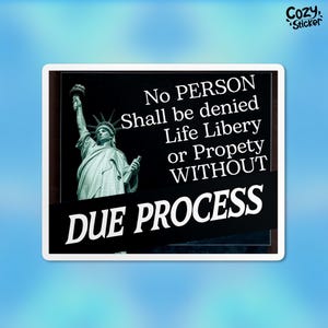 May include: A black and white sticker with a picture of the Statue of Liberty and the text "No PERSON Shall be denied Life Libery or Propety WITHOUT DUE PROCESS".
