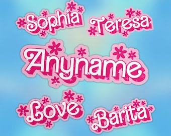 Custom Pink Doll Name Sticker, Personalized Hot Pink Flowers Cute Name Waterproof Vinyl Die-Cut Sticker Gifts for Teacher