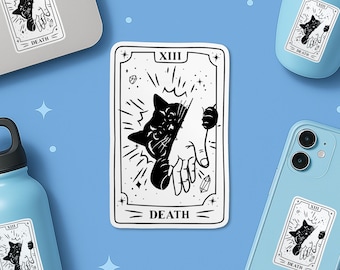 Tarot Card Black Cat Sticker, Tarot Death, Spooky Cat Lover Bookish Waterproof Vinyl Die-cut Sticker Gifts Funny Stickers for Laptop