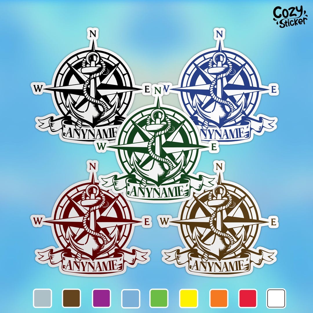 Custom Name Sticker, Personalized Anchor Compass GPS Ocean Beach Sea ...
