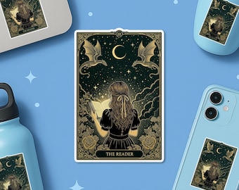 Autocollant de carte de tarot The Reader, autocollant de rat de bibliothèque de lecteur fantastique livresques mignons charbon pour ordinateur portable autocollant cadeau d'anniversaire pour elle lui adultes enfant