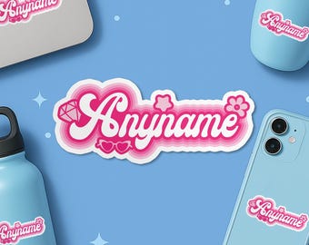Custom Name Sticker, Personalized Pink Doll Bar B Style Retro Name Waterproof Vinyl Die-Cut Sticker Gifts for Her, Kids, Girly, Teacher