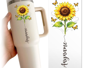 Custom Sunflower Name Transparent Sticker, Personalized Butterfly With Flower Name Sticker for Laptop Water Bottle Helmet Notebook Gift