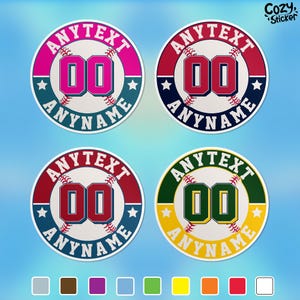 May include: Four round baseball stickers with customisable text and numbers. The stickers feature a baseball with red, blue, green, and pink accents. The text reads "ANYTEXT" and "ANYNAME".