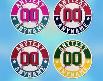 May include: Four round baseball stickers with customizable text and numbers. The stickers feature a baseball with red, blue, green, and pink accents. The text reads "ANYTEXT" and "ANYNAME".
