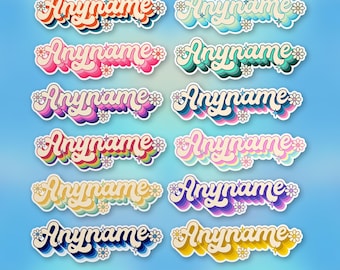 Pegatina personalizada con nombre y flores de estilo retro, pegatina de vinilo troquelada con nombre colorido y estilo vintage, para portátil o botella de agua.