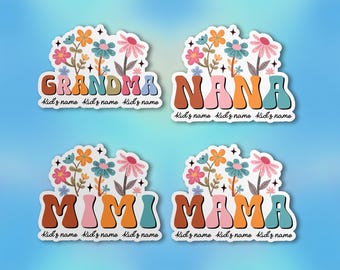 Custom Grandma Mama Nana Flower Name Sticker, Personalized Grandkids Names Floral Waterproof Vinyl Die-Cut Sticker Laptop Water Bottle
