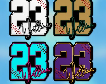 May include: Four different color variations of a baseball jersey with the number 23 and the name "William" on it. The jersey is available in white, brown, blue, and purple.
