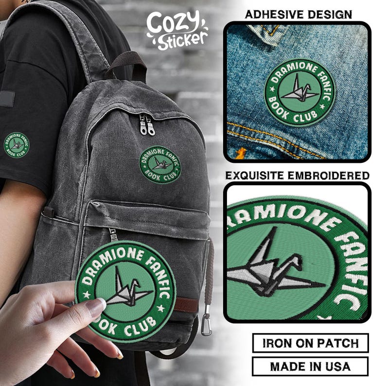 Puede incluir: Un parche bordado verde y blanco con el texto "Dramione Fanfic Book Club" y un dise&ntilde;o de grulla de papel. El parche se muestra en una mochila y una chaqueta vaquera. El parche es para planchar y est&aacute; hecho en EE. UU.