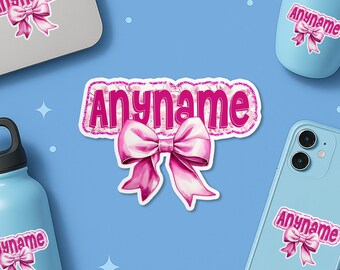Custom Name Sticker, Personalized Preppy Coquette Bow Aesthetic Name School Spirit Stickers Waterproof Vinyl Die-Cut Water Bottle