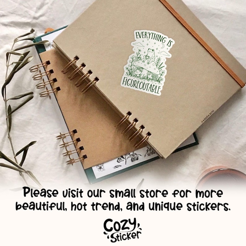 May include: Two spiral-bound notebooks with kraft paper covers are stacked. A sticker with a frog on a mushroom and the words "EVERYTHING IS FIGUREOUTABLE" is on the top notebook. The bottom notebook has a green cover.