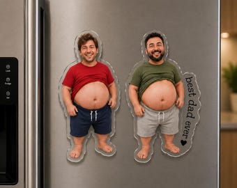 Personalized Funny Daddy Face Squishy Belly Silicon Funny Fridge Magnet, Father‘s Day Gift, Custom Dad Photo Anti-collision Acrylic Fridge