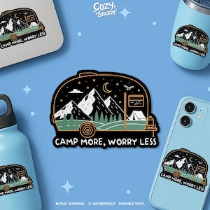 Camp More Worry Less Sticker, Mountain Hiking Camping, Forest Adventure Waterproof Vinyl Stickers Die-cut Laptop Gifts