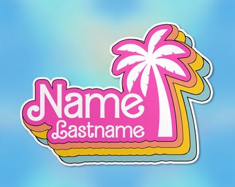 Custom Pink Doll Name Sticker, Personalized Hot Pink Retro Cute Name Waterproof Vinyl Die-Cut Sticker Gifts for Teacher