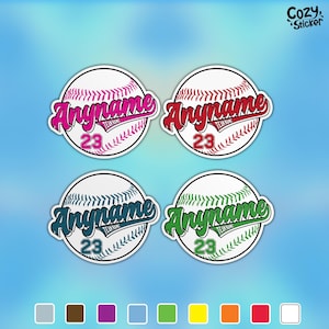 May include: Four baseball-themed stickers with a white background and a stitched baseball design. Each sticker features a different colour for the text "Anyname" and the team name. The number "23" is included on each sticker.