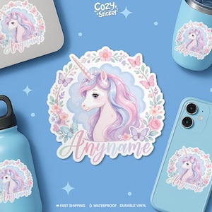 Personalized Unicorn Name Sticker, Custom Name Flowers And Butterflies Colorful Waterproof Sticker For Gift