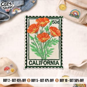 May include: Embroidered patch featuring a floral design of orange poppies with yellow centers and green leaves. The patch is in the shape of a postage stamp with the word "CALIFORNIA" at the bottom and "50¢" at the top.