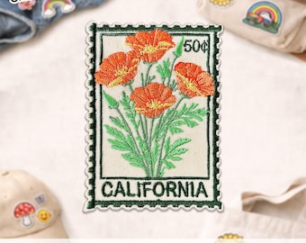 California Poppy Stamp Flower Patch, Cute Floral Stamps Travel Lover Embroidered Patch for Clothes Backpack Jacket Shirt Bag Hat Gift