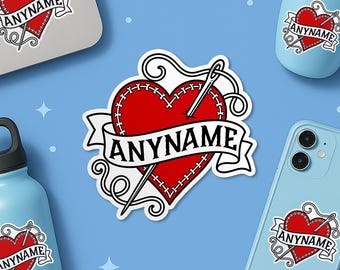 Pegatina personalizada con nombre en forma de corazón para costura, calcomanía personalizada de hilo de aguja de sastre, pegatina impermeable para botella de agua para costurera o cuarto de costura.