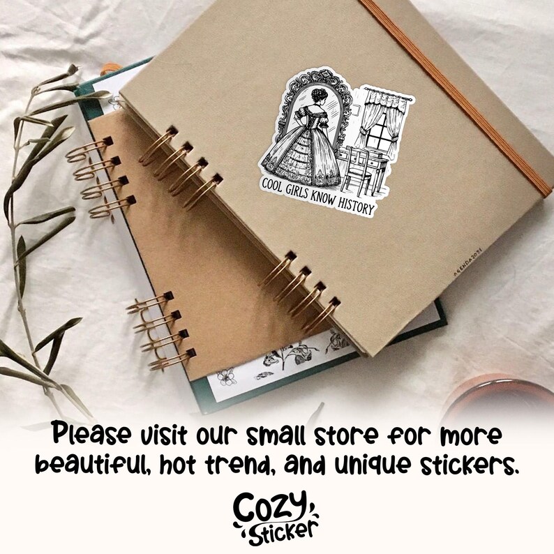May include: A black and white sticker featuring a woman in a dress standing in front of a vanity mirror. The sticker has the text "COOL GIRLS KNOW HISTORY" printed below the image.