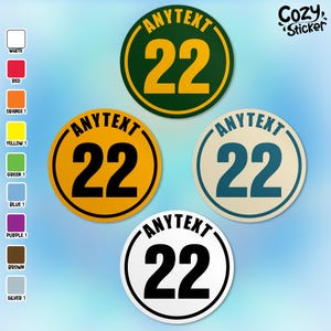 May include: Four round stickers with the text "ANYTEXT" and the number "22" in different colors. The stickers are on a blue background. The colors of the stickers are green, yellow, beige, and white.