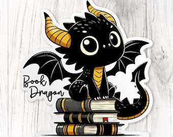 Book Dragon Sticker, Little Black Cute Dragon Reading Lover Vinyl Die-Cut Sticker, Laptop, Water Bottle, Kindle Stickers Gifts for Her Him