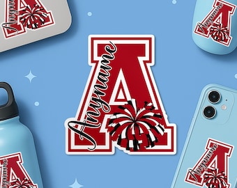 Personalized Cheerleader Initial Name Sticker, Custom Cheer Pom Vinyl Decal, School Spirit Team Waterproof Sticker for Water Bottle Laptop